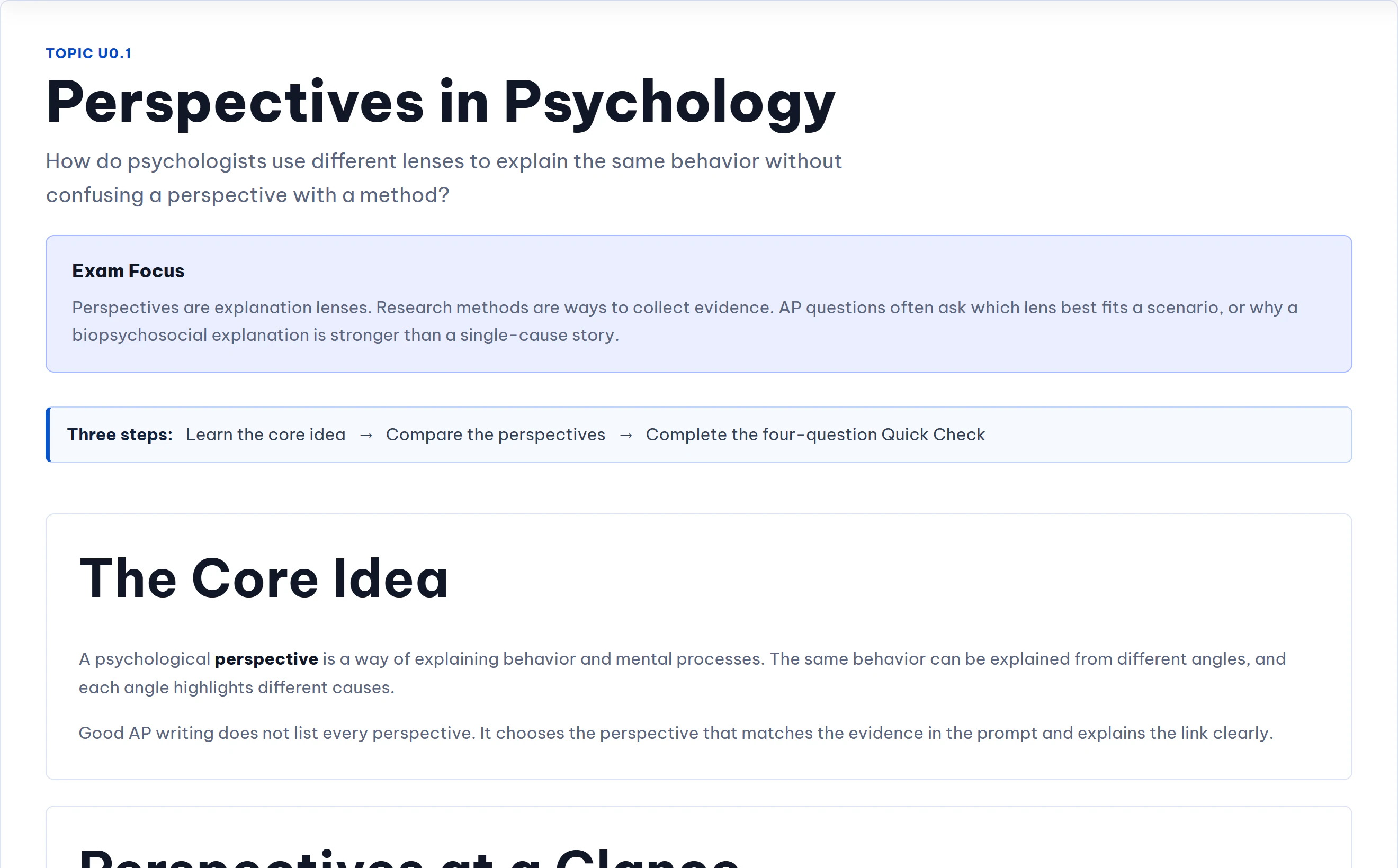 Brain-Course lesson page for Perspectives in Psychology with an exam focus and a clear core idea.