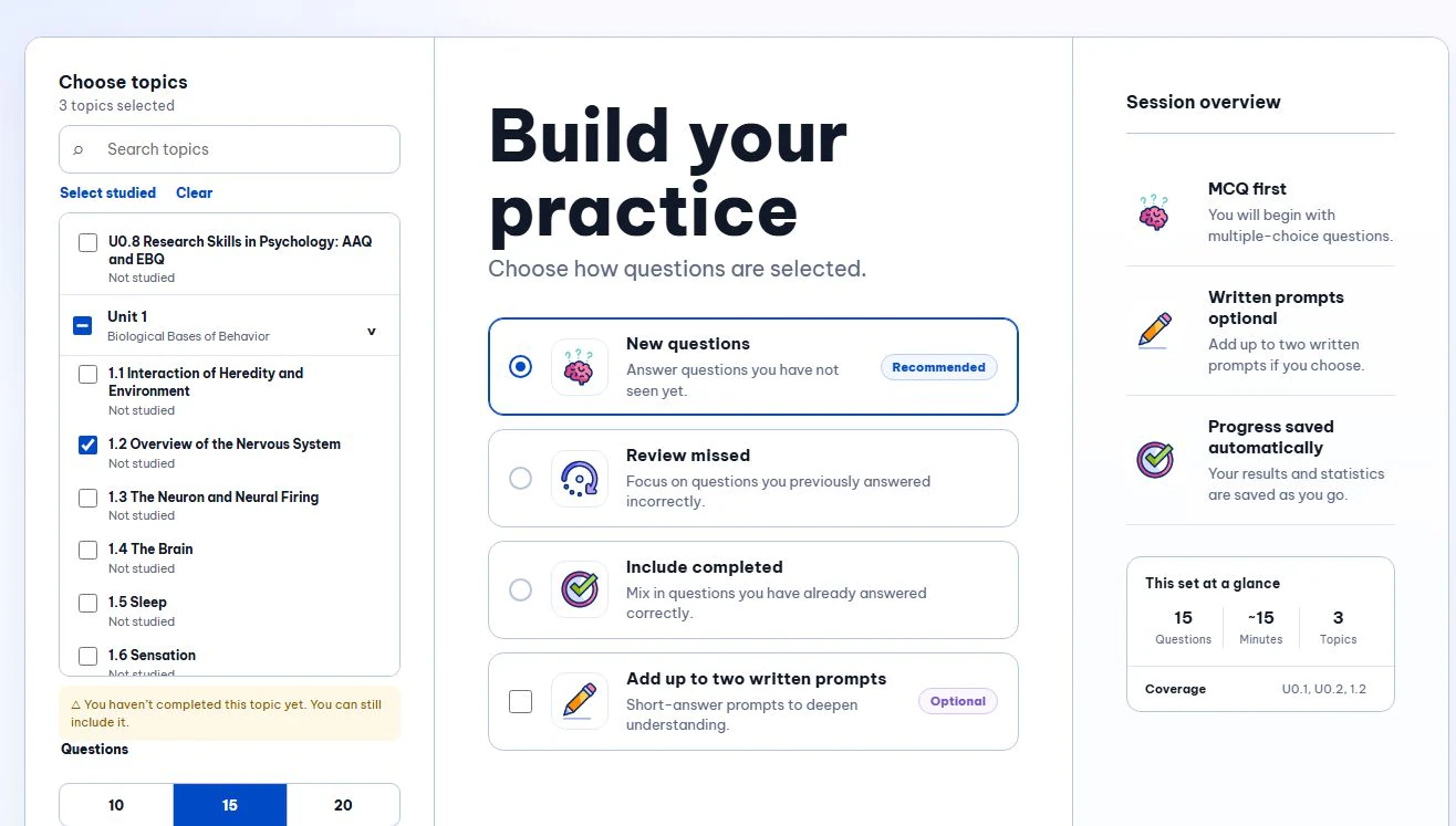 Brain-Course practice builder with three selected topics, a 15-question set, and a complete session overview.