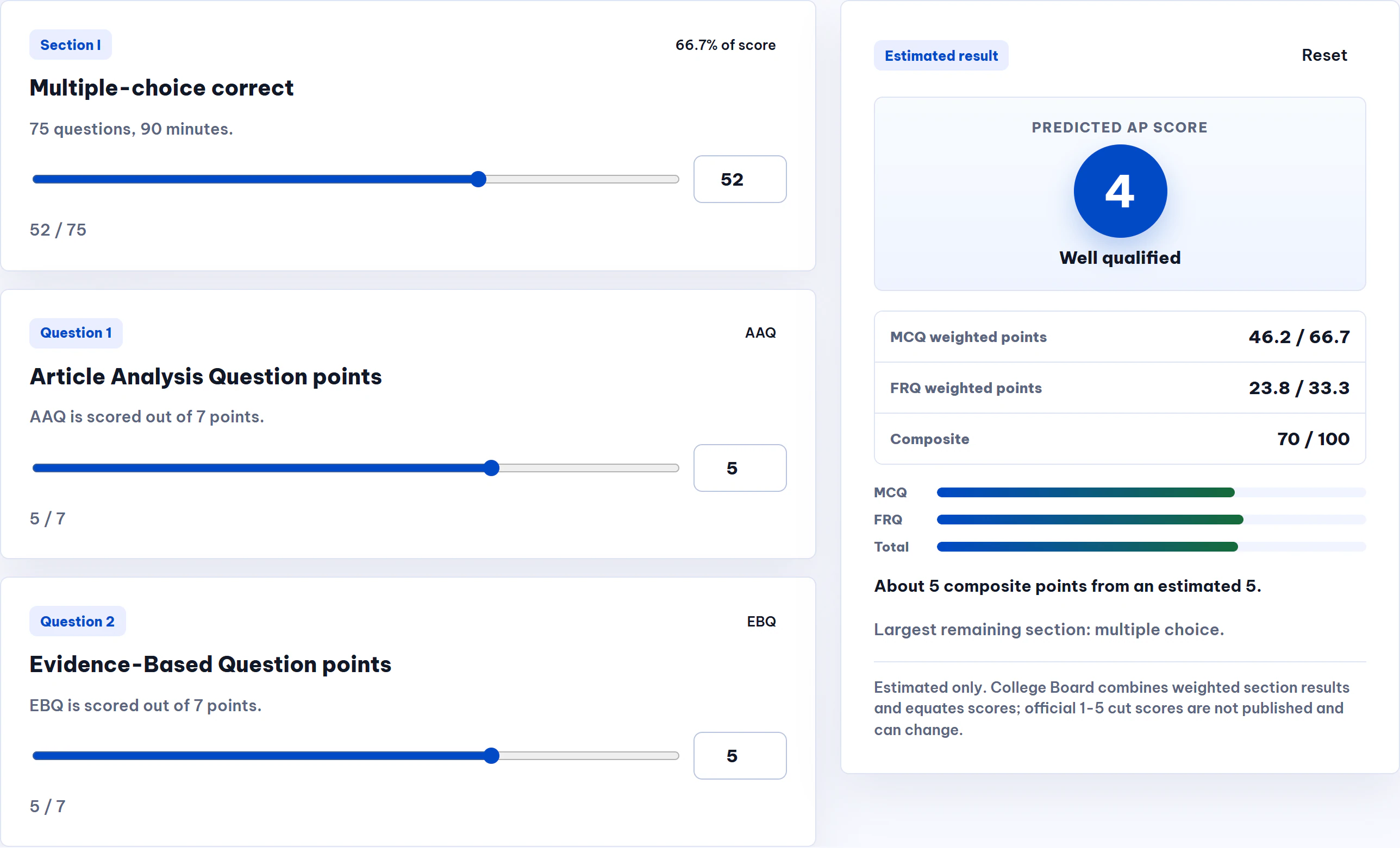 Brain-Course AP Psychology score calculator showing weighted inputs and a predicted score of 4.