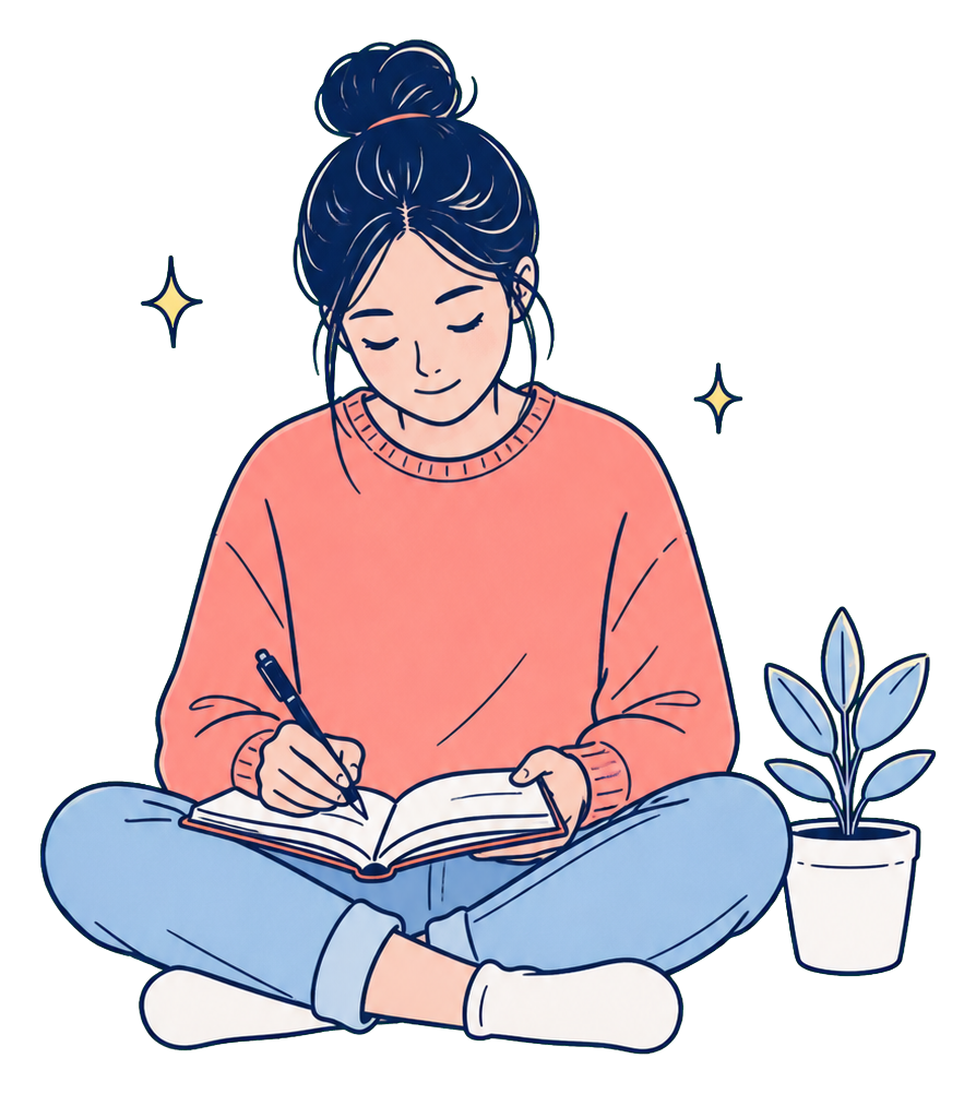 Student working calmly through an open study notebook