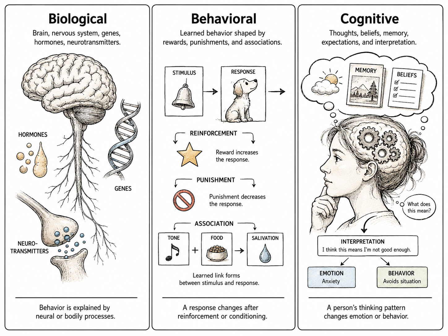 Illustrated comparison of biological, behavioral, and cognitive perspectives in psychology.