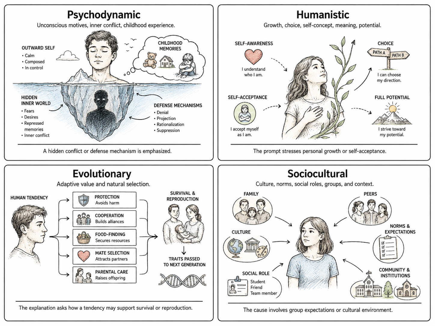 Illustrated comparison of psychodynamic, humanistic, evolutionary, and sociocultural perspectives in psychology.