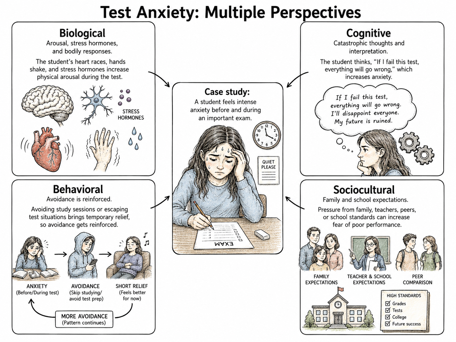 Case study diagram showing biological, behavioral, cognitive, and sociocultural explanations for a student's test anxiety.