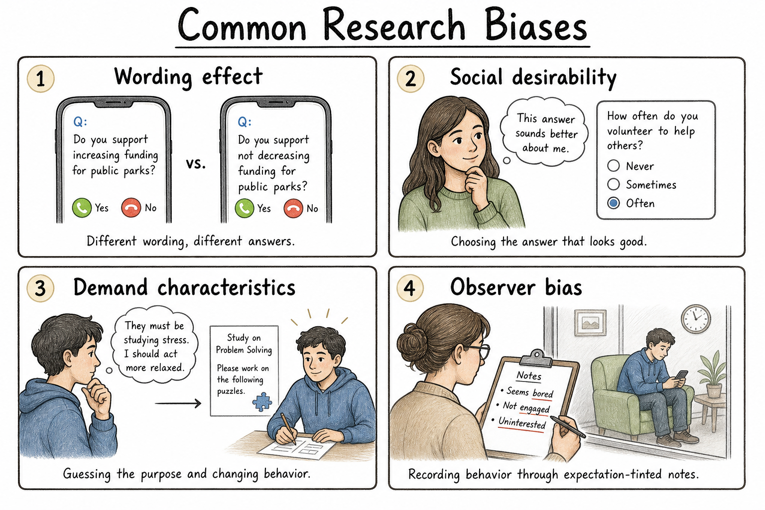 Four-panel comparison of wording effect, social desirability bias, demand characteristics, and observer bias.