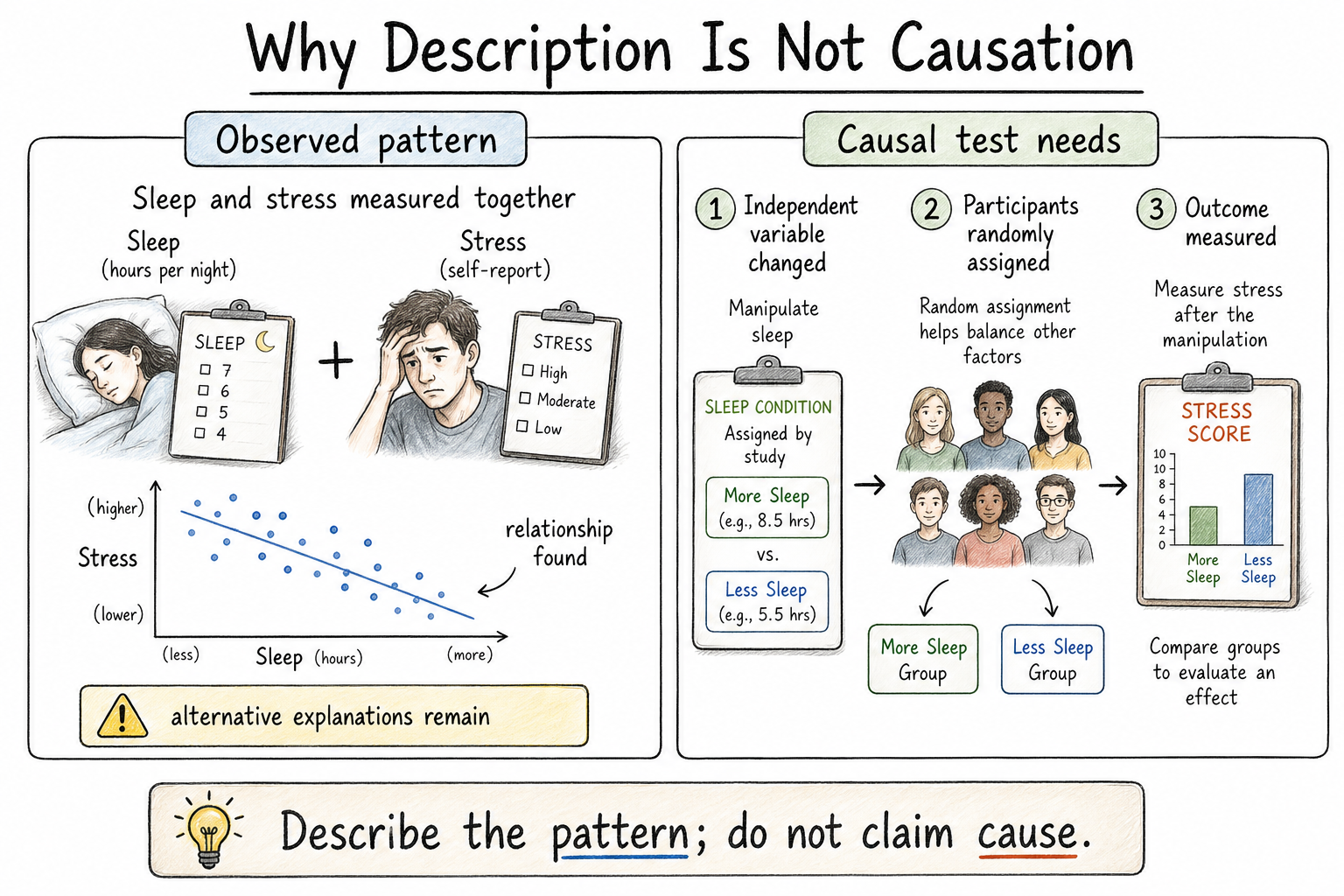 Comparison showing an observed non-experimental pattern and the missing controls needed to establish causation.