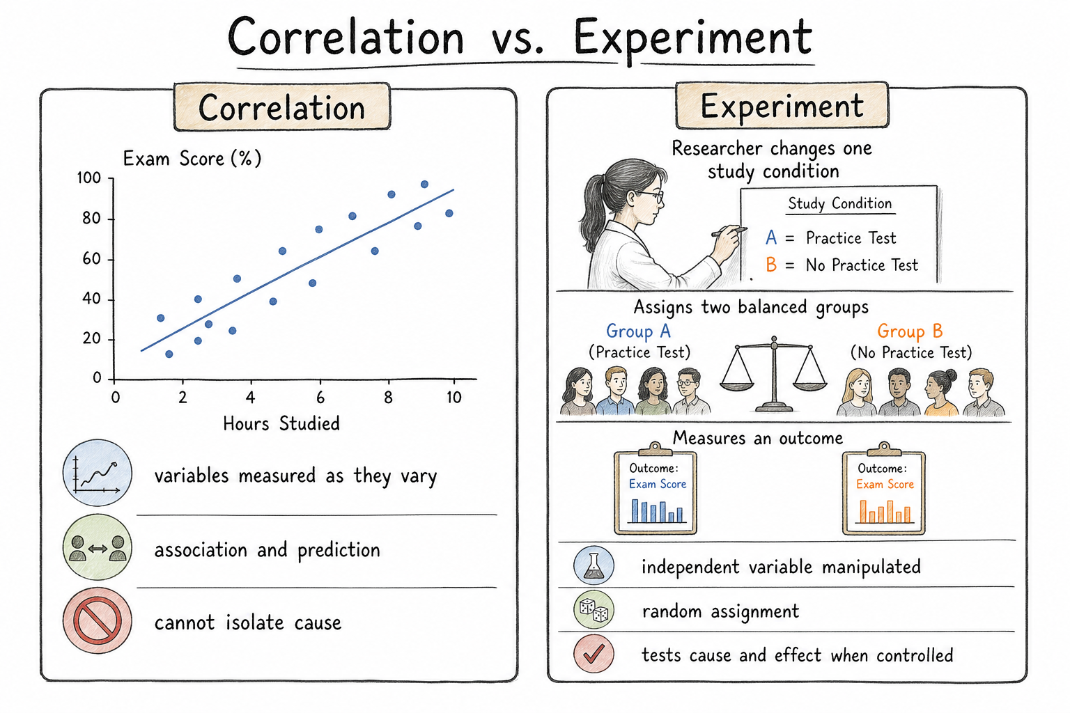 Comparison of correlational research and experiments, showing prediction versus controlled causal inference.
