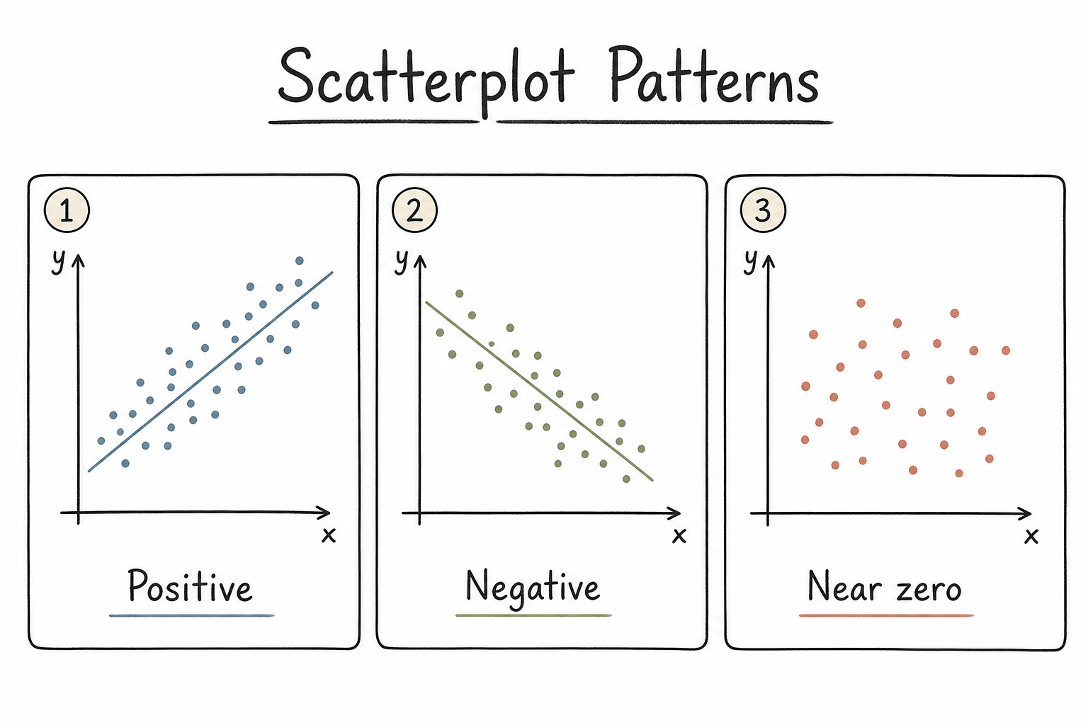 Three scatterplots showing positive, negative, and near-zero correlation patterns.