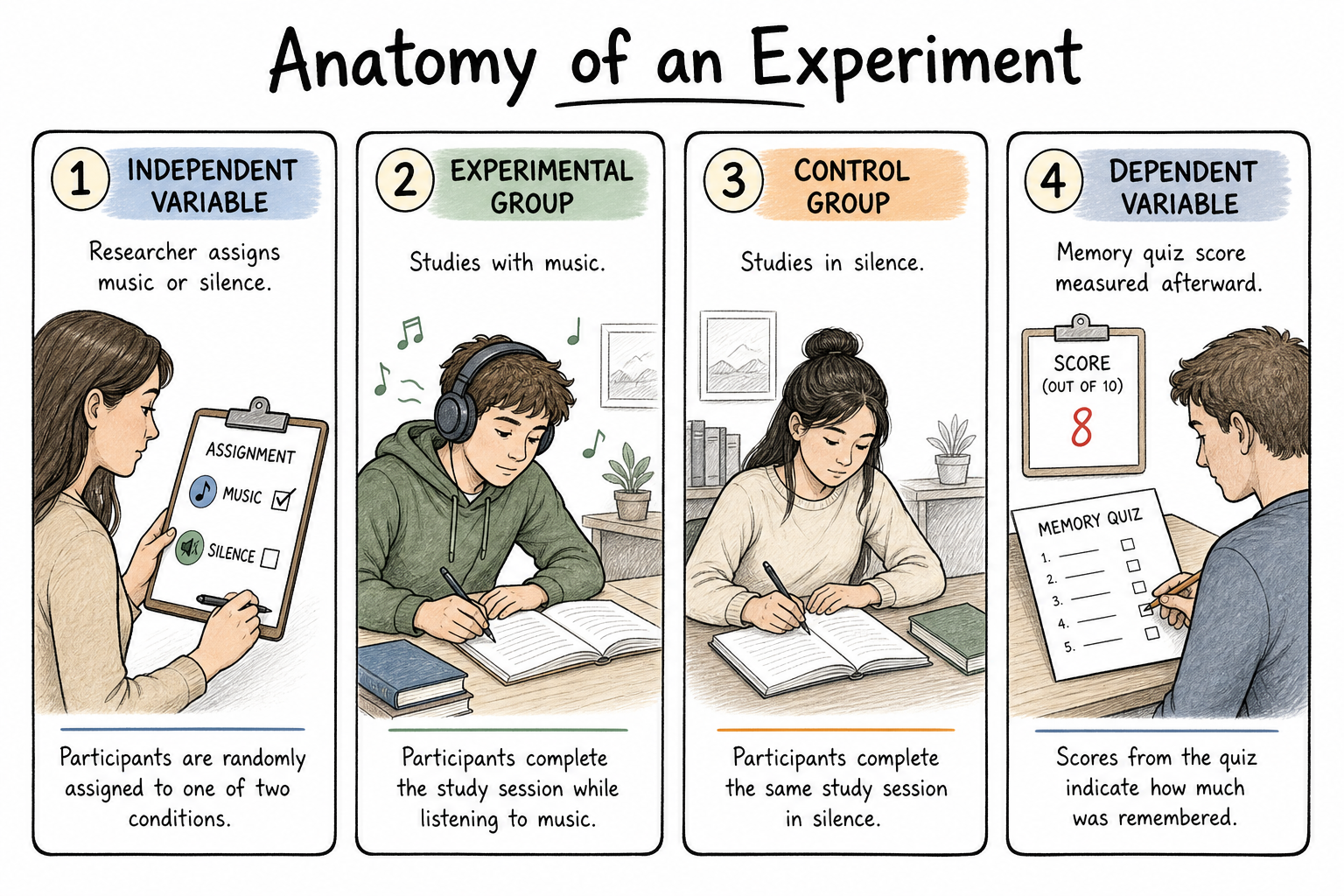 Four-panel diagram explaining the independent variable, dependent variable, experimental group, and control group.