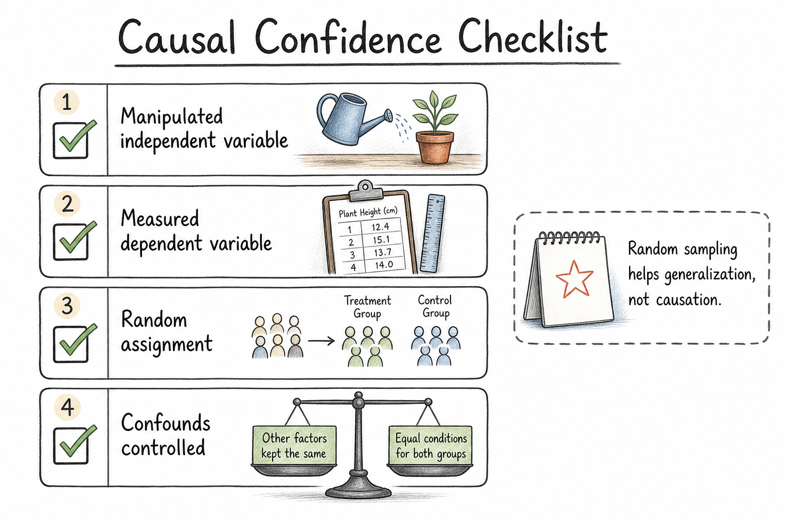 Checklist showing the features that strengthen a causal conclusion in an experiment.