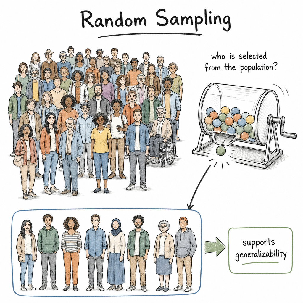 Diagram showing a random sample selected from a larger population.