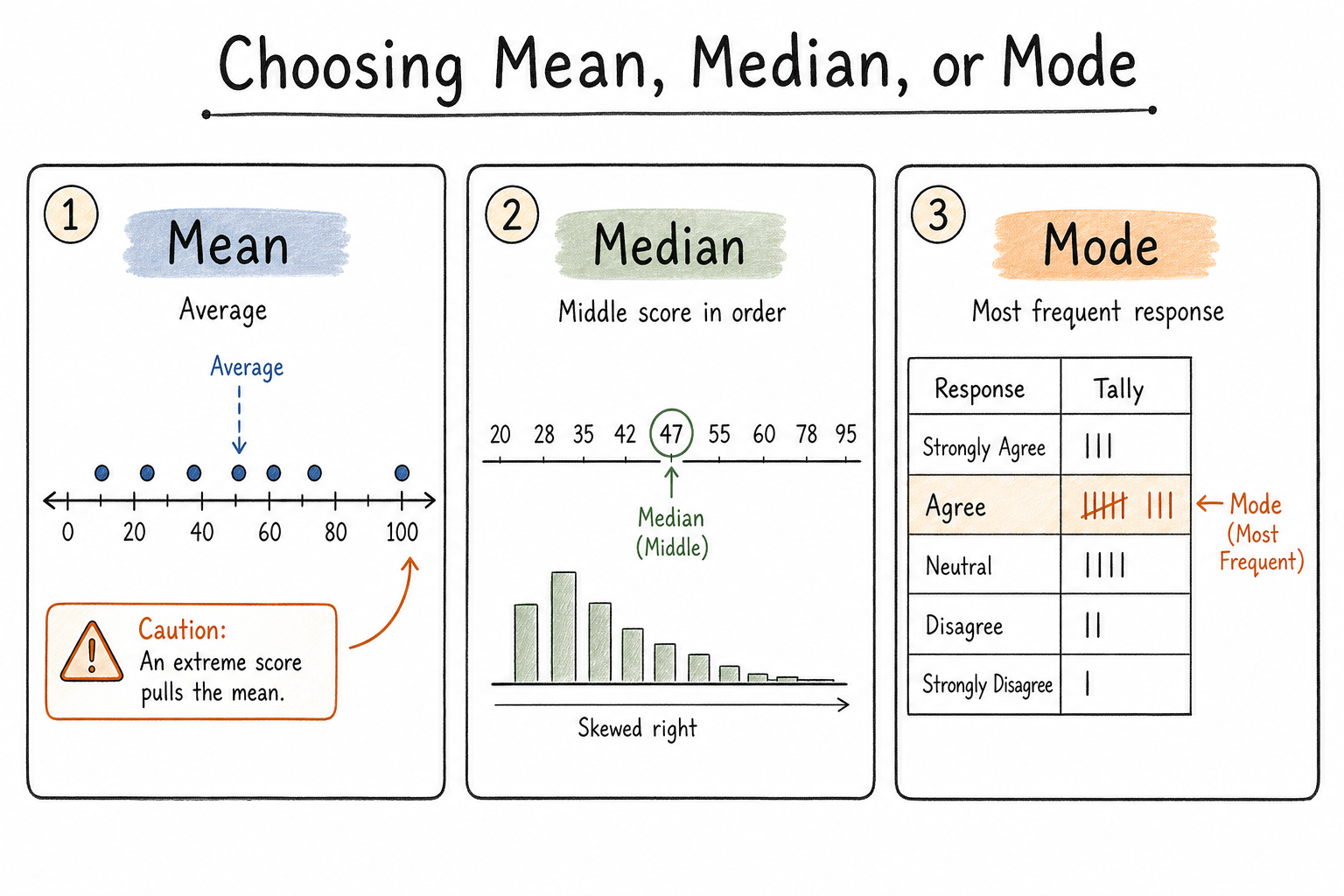 Three-panel guide for choosing mean, median, or mode.