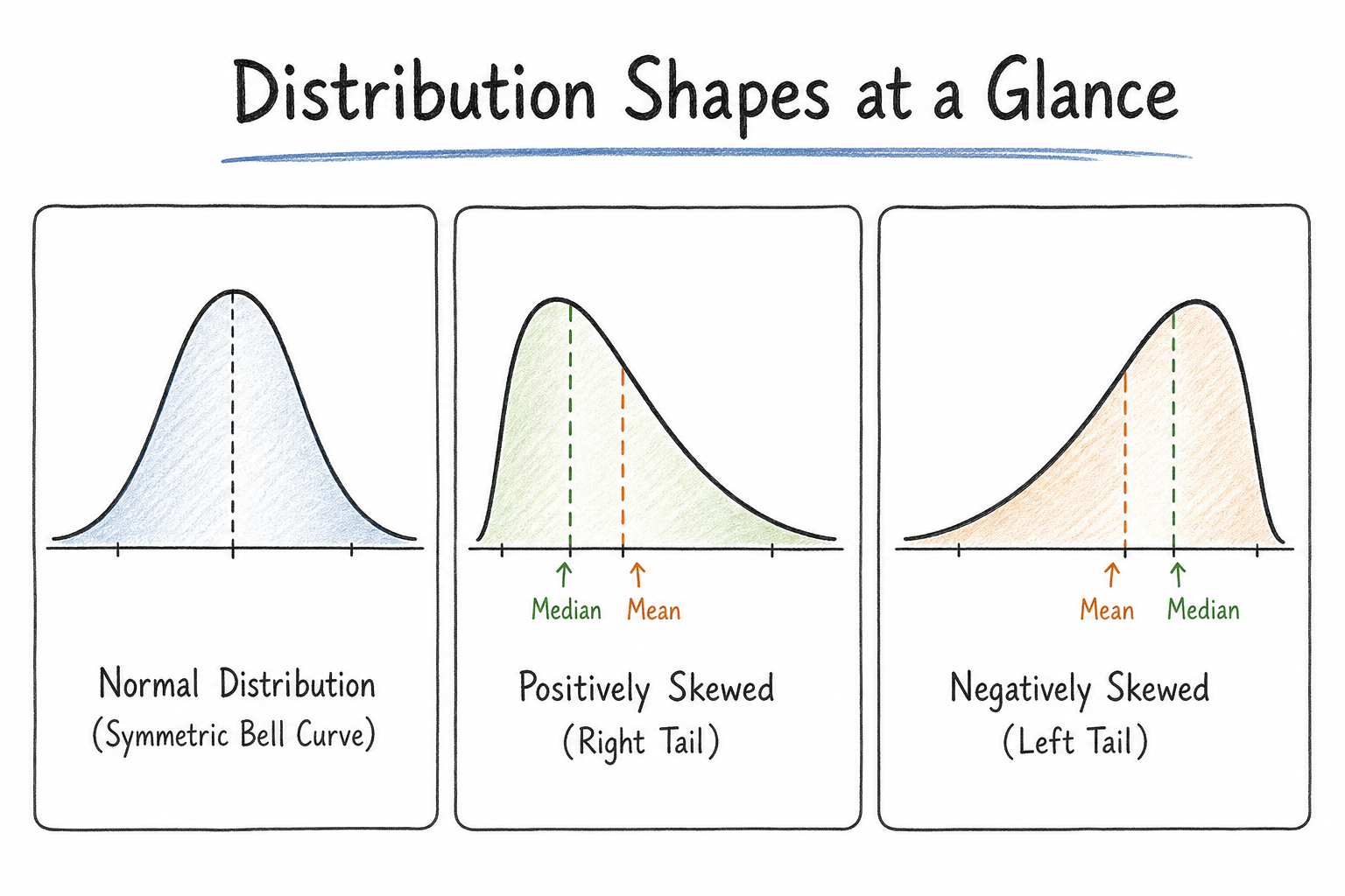 Three distribution diagrams showing a normal curve, positive skew, and negative skew.