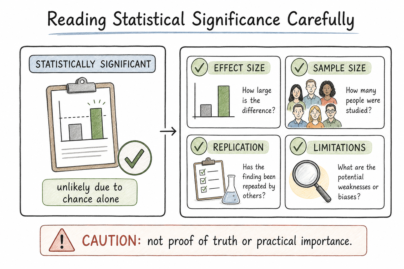 Diagram showing careful interpretation of statistical significance alongside effect size, sample size, replication, and limitations.