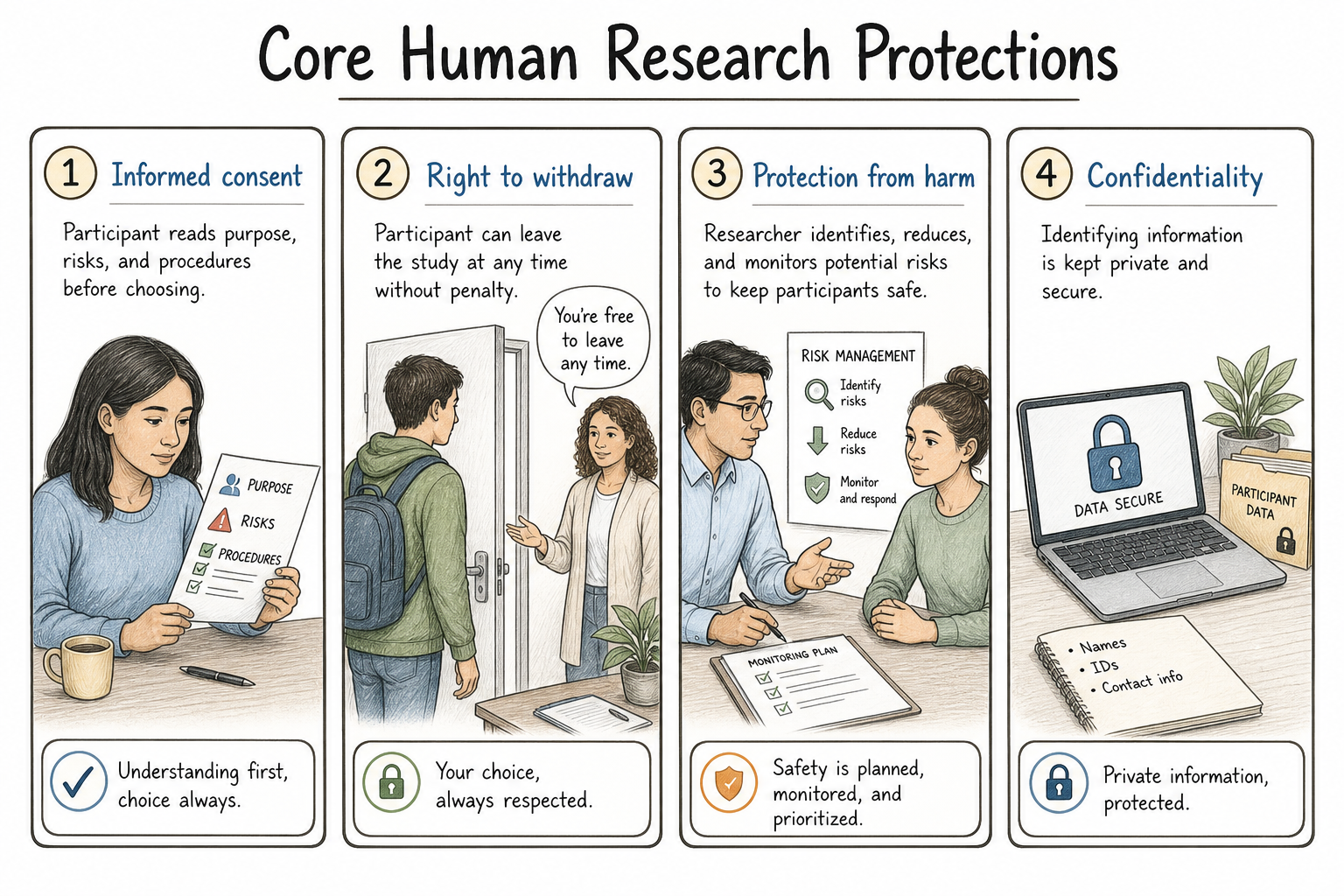 Four-panel guide to informed consent, right to withdraw, protection from harm, and confidentiality in research.