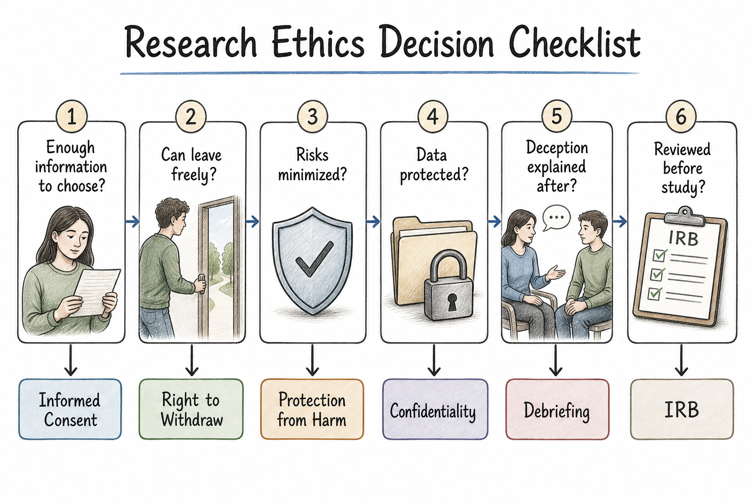 Decision checklist for research ethics covering consent, withdrawal, harm, confidentiality, debriefing, and IRB review.