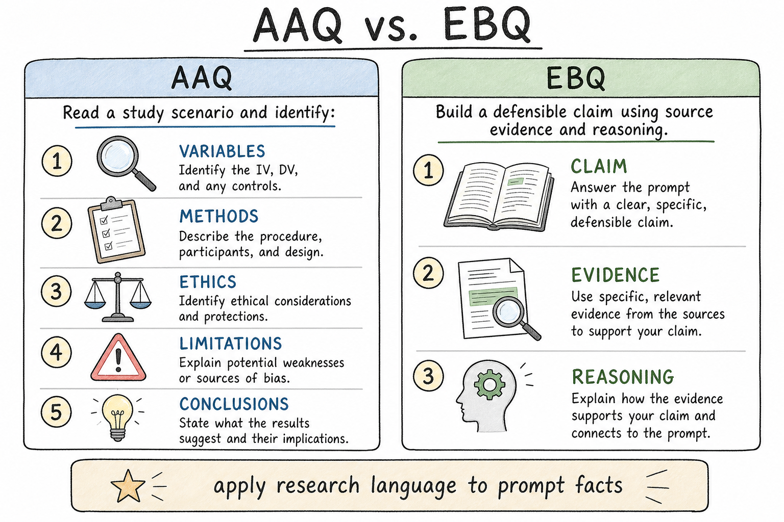 Comparison of AAQ and EBQ research-skill questions in AP Psychology.