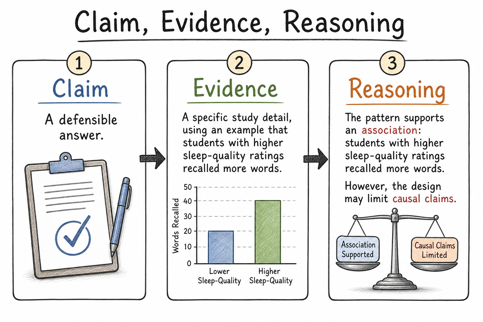 Three-step diagram showing claim, evidence, and reasoning in a research response.