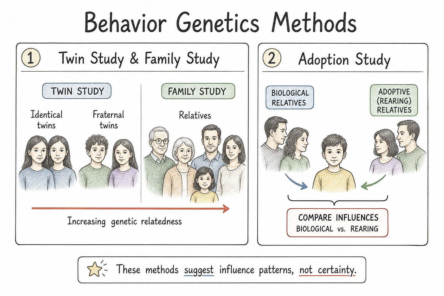 Three-panel comparison of twin, family, and adoption studies in behavior genetics.