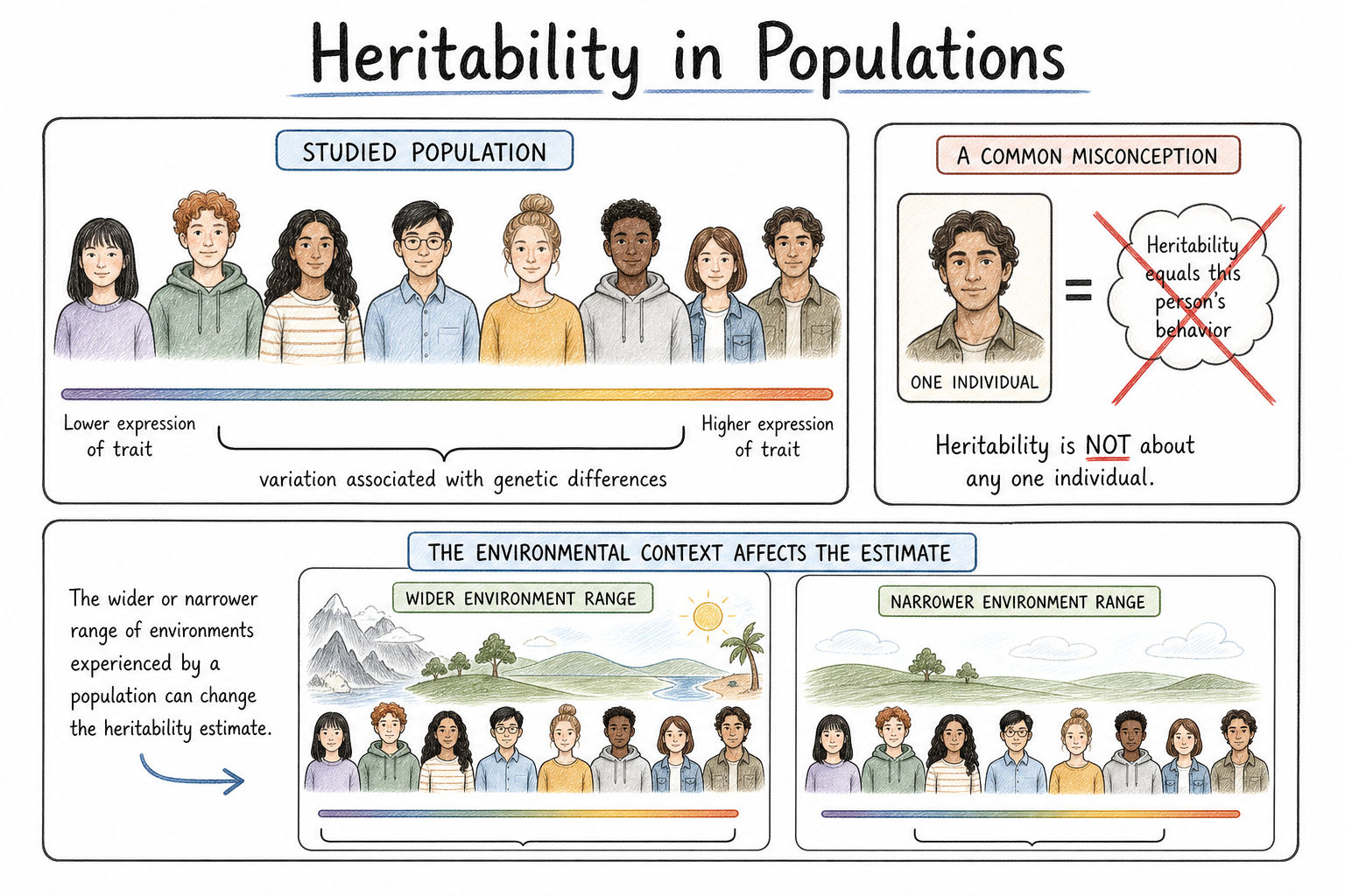 Diagram showing heritability as a population statistic, not an individual destiny score.