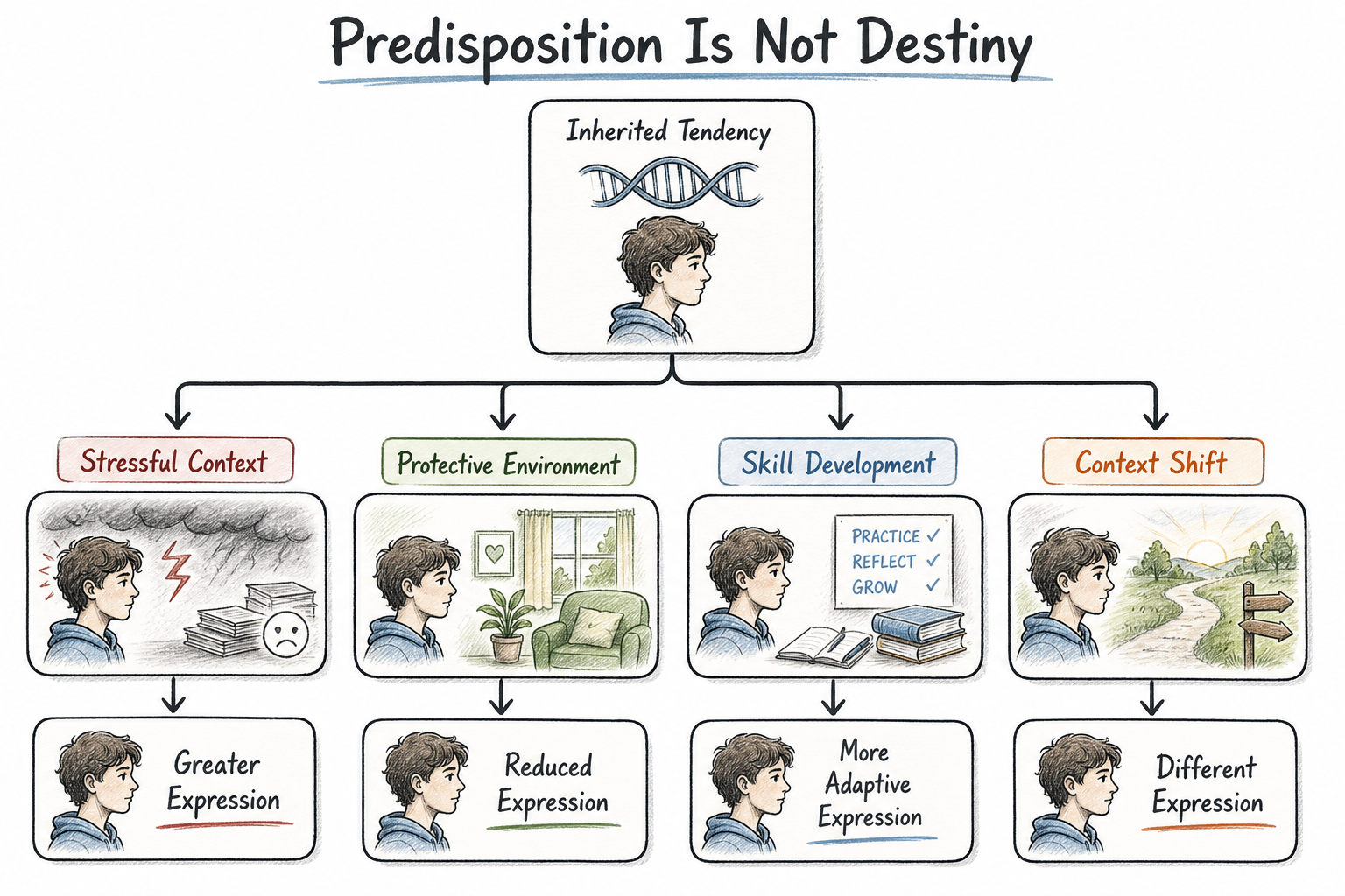 Process diagram showing how the same predisposition changes with different environments.