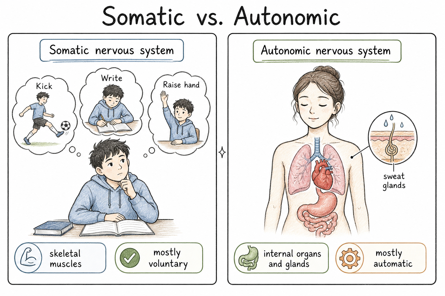 Side-by-side comparison of somatic and autonomic nervous systems showing voluntary skeletal muscle control versus automatic organ and gland regulation.