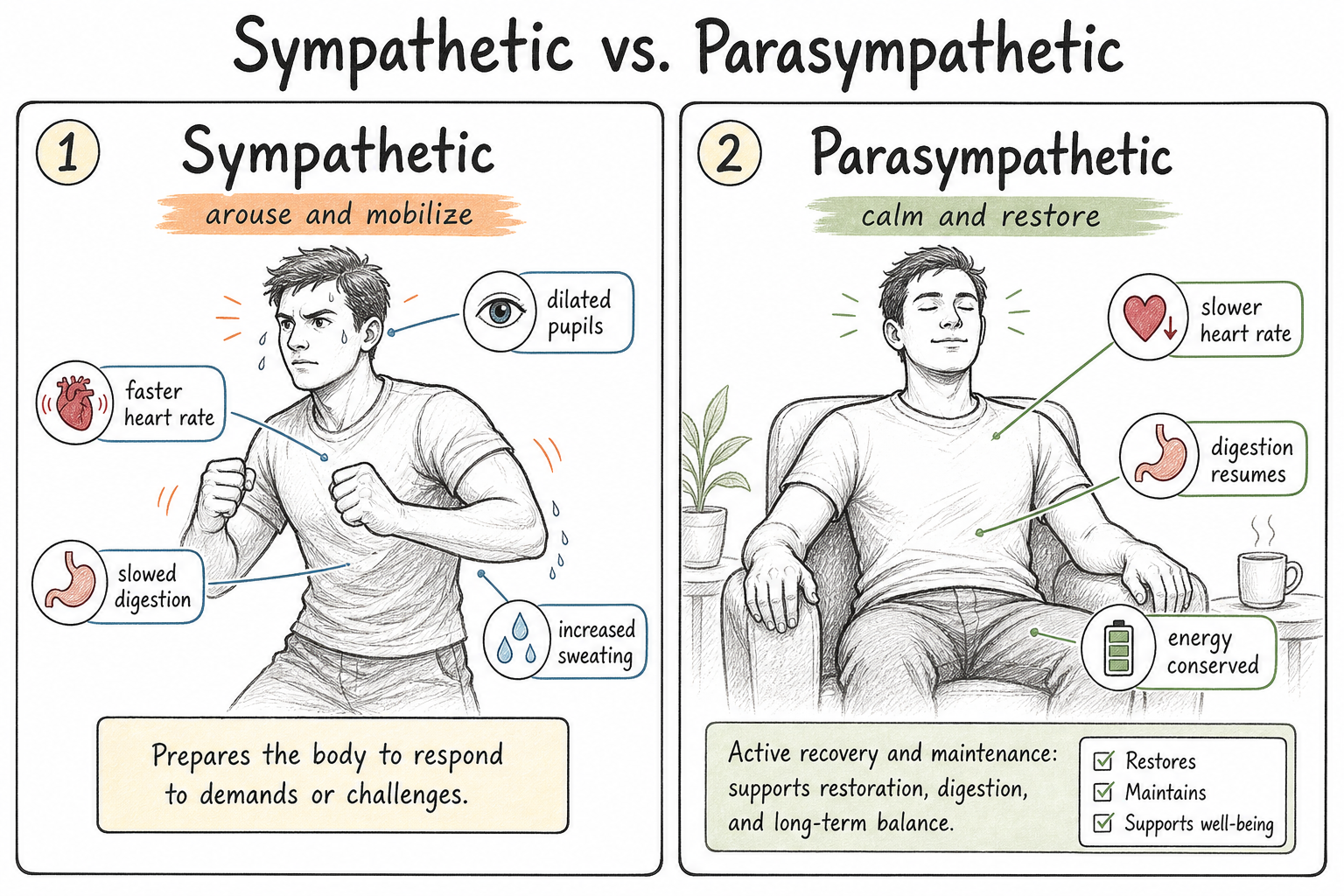 Side-by-side comparison of sympathetic and parasympathetic branches showing arousal versus calm restoration with matching body changes.