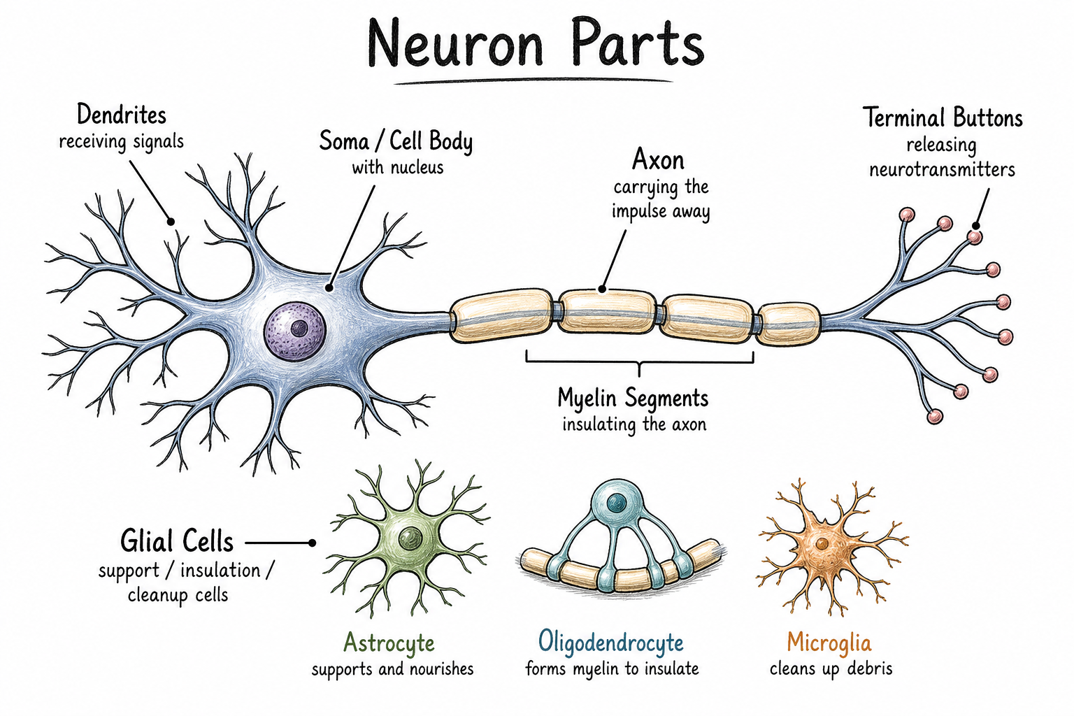 A labeled neuron showing dendrites, soma, axon, myelin, terminal buttons, and nearby glial support cells.