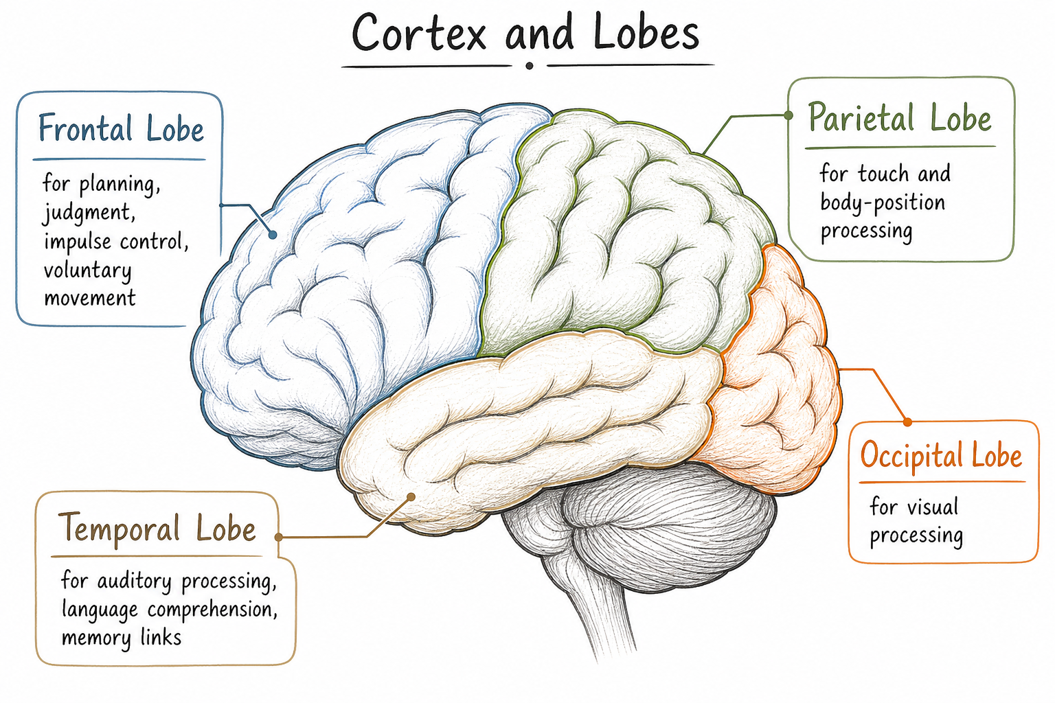 A labeled brain map showing the frontal, parietal, occipital, and temporal lobes with their key functions.