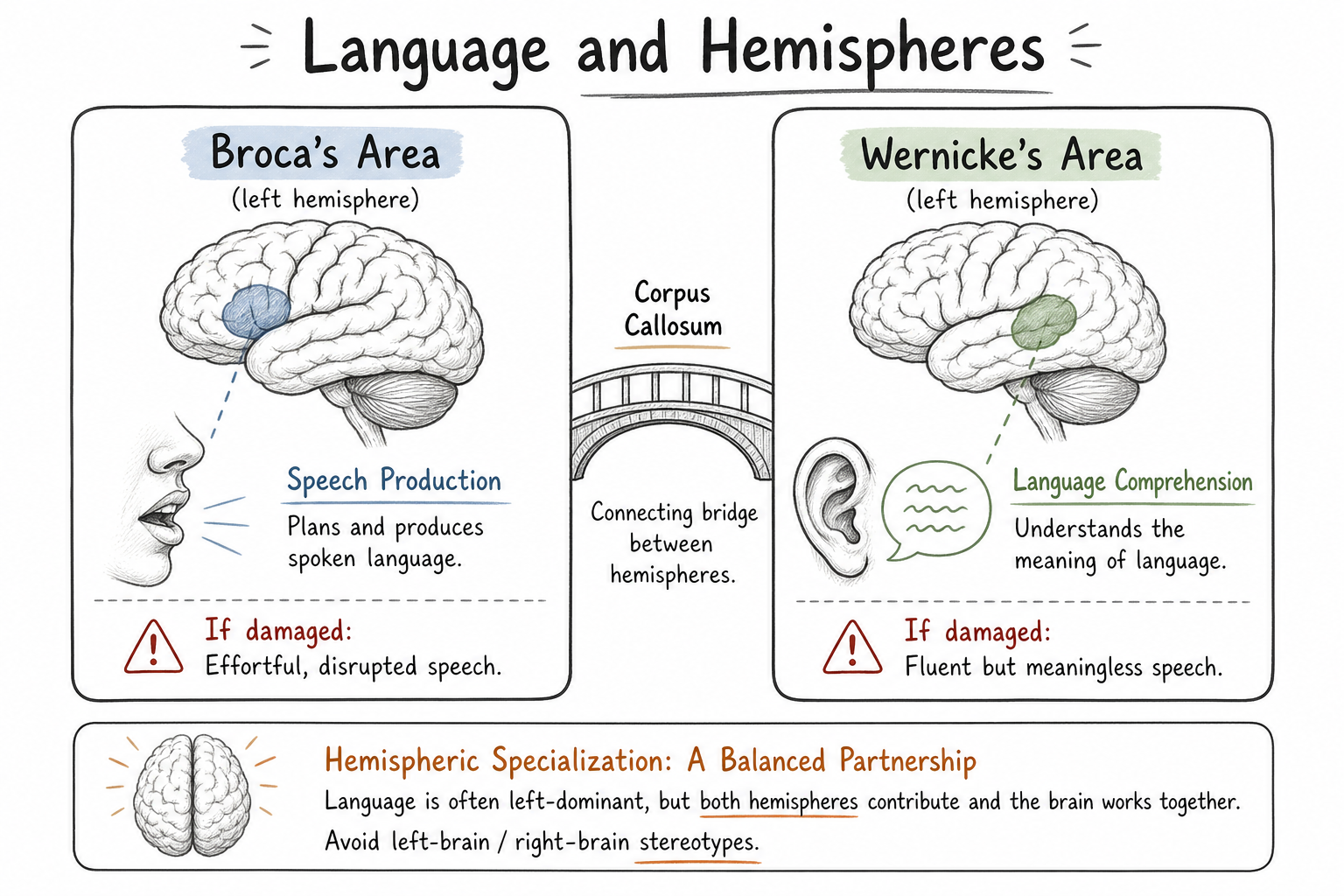 A two-part comparison of Broca's area and Wernicke's area with the corpus callosum shown as the connection between hemispheres.