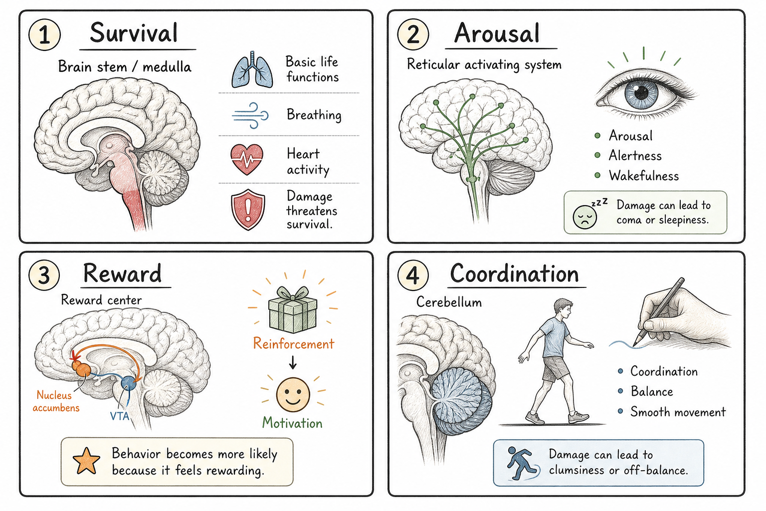 A four-part comparison of brain stem, reticular activating system, reward center, and cerebellum with their main functions and AP clue phrases.