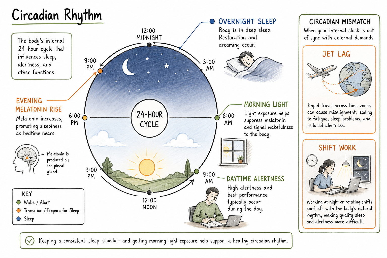 24-hour body clock diagram showing light, melatonin, sleep timing, jet lag, and shift work disruption.