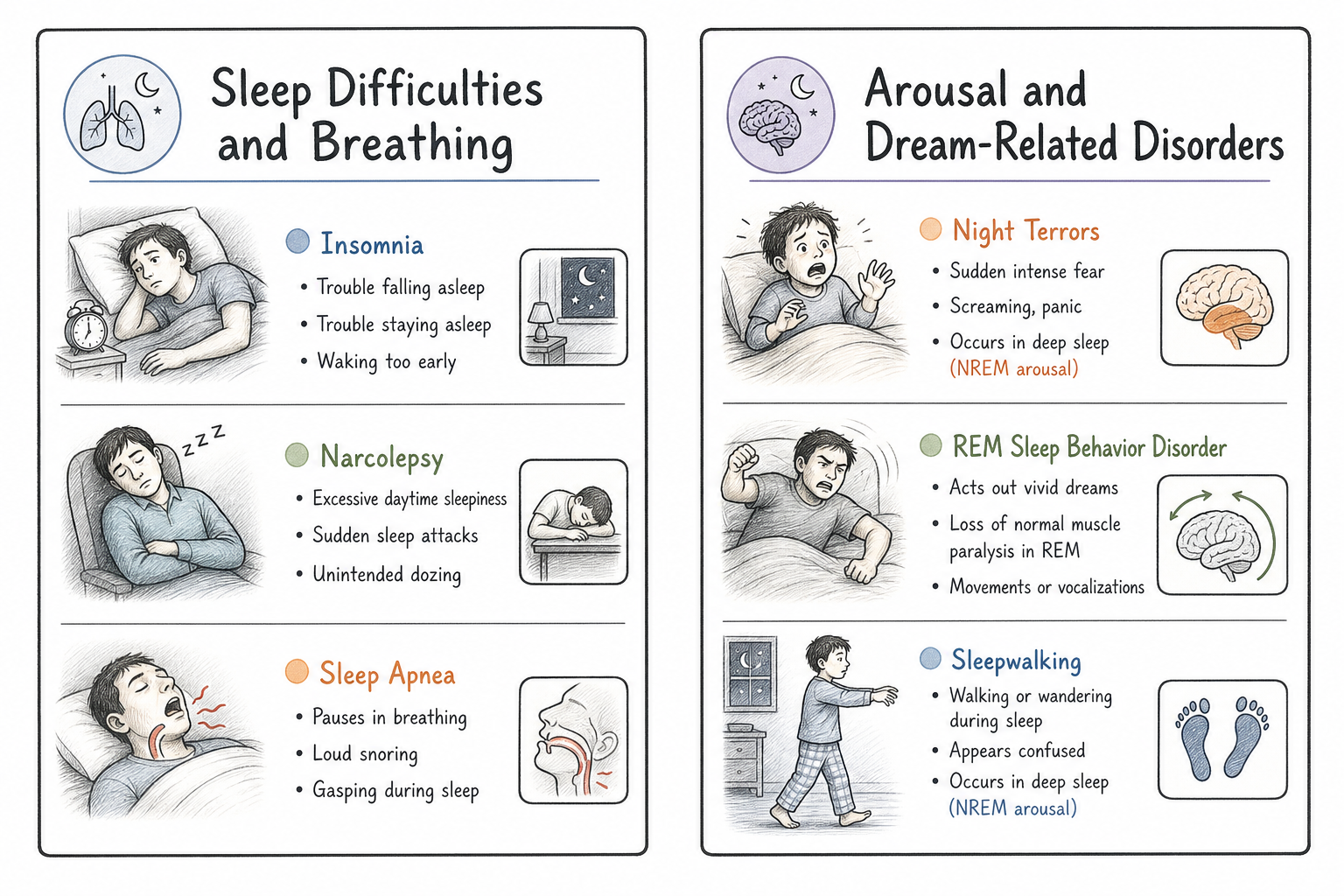 Comparison panels showing the main AP sleep disorders and their defining symptoms.