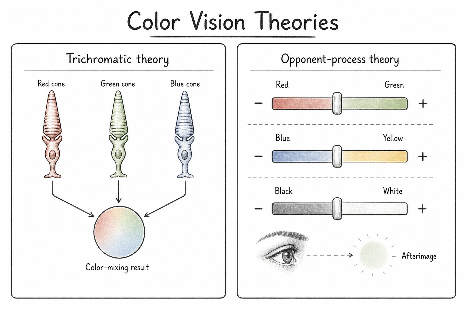A two-panel comparison of trichromatic theory and opponent-process theory.