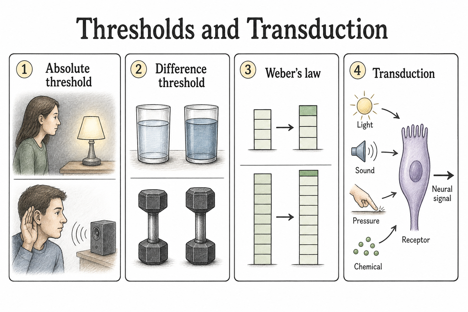 A four-panel educational comparison showing absolute threshold, difference threshold, Weber's law, and transduction.
