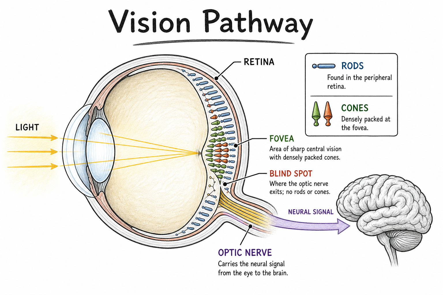A labeled eye diagram showing the retina, rods, cones, fovea, blind spot, and optic nerve.